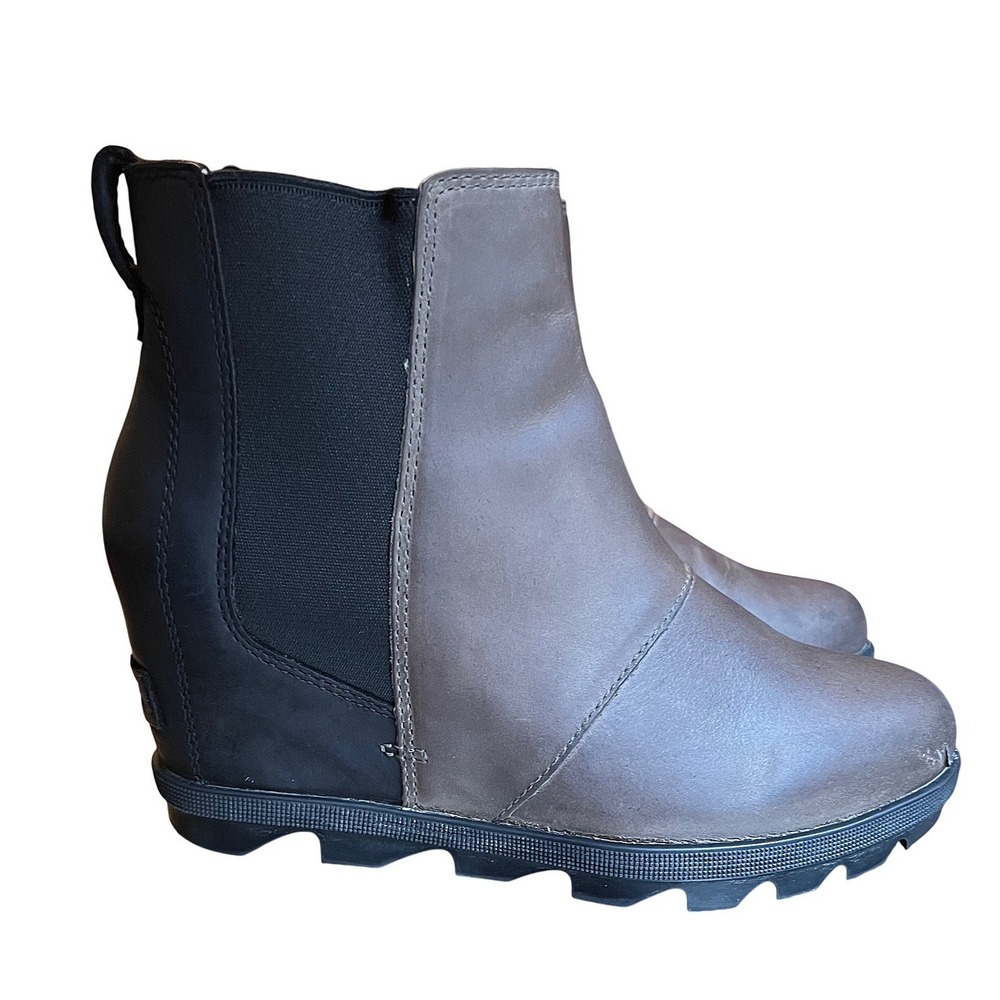 Sorel Joan of Arctic Wedge II Chelsea Boots Quarry Black Leather 7 LL5376-052
